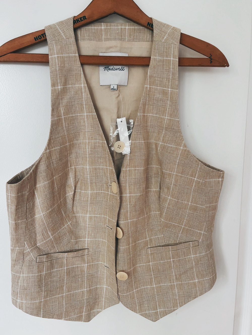 Madewell Neutral Plaid Linen-Blend Vest in Beige